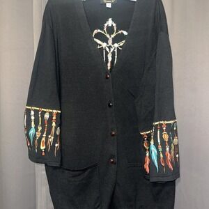 Bob Mackie Cardigan Wearable Art 2X Sweater Black Embroidered  Dream Catcher
